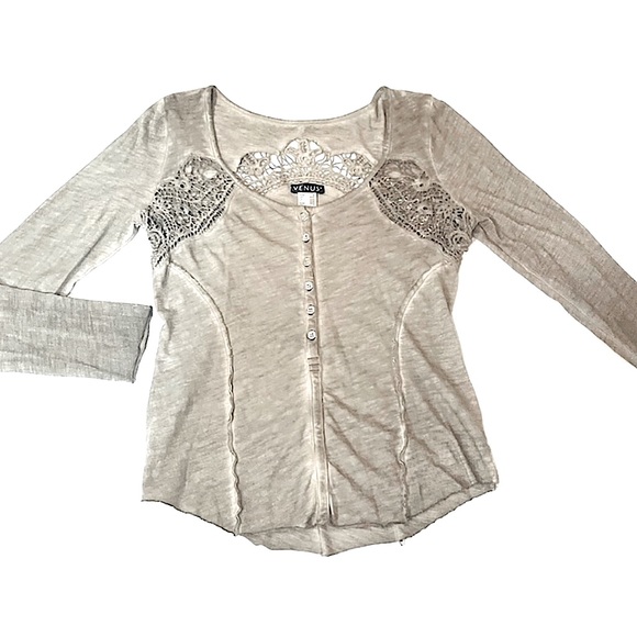 Venus Long Sleeve Crochet-Inset Henley Top - Picture 1 of 11